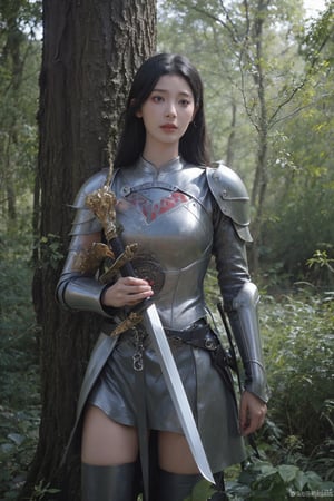 1girl, black hair, full body, armor, holding a sword and shield, forest background, (trees:1.2), (green leaves:1.3), (sunlight filtering through trees:1.1), detailed texture on armor, medieval style, determined expression, ready for battle, (shield design:0.8), (sword details:1.4), natural lighting, peaceful yet tense atmosphere, high resolution, best quality, masterpiece.