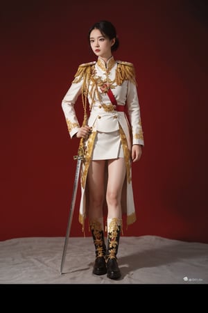 1girl, black hair, young, military general, full-body portrait, detailed uniform, (golden embroidery:1.2), epaulettes, (rank insignia:1.3), sharp eyes, determined expression, standing posture, holding a sword, (sword details:1.1), leather boots, (boot details:1.05), background suggestive of a war room, maps, strategy papers, dim lighting, realistic, depth of field, (cinematic composition:1.3), high resolution, best quality, masterpiece.