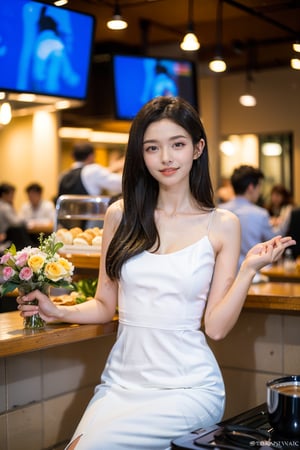 1girl, beautiful, black hair, long hair, smiling, coffee shop, sitting, (20yo:1.3), detailed eyes, light blush, white dress, (flowers in hair:1.1), looking at viewer, counter, espresso machine, cups, pastries, warm lighting, cosy atmosphere, beautifully detailed background, realistic, ambient light, (cinematic composition:1.3), HDR, Accent Lighting, wide-angle lens, best quality, masterpiece.