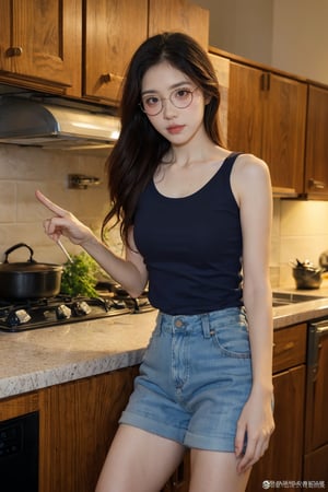 1girl, cooking, black hair, young, sexy, glasses,wearing apron, (beautiful detailed eyes:1.2), (cute smile:0.9), kitchen, stove, pots and pans, steam rising, chopping vegetables, (detailed fingers:1.3), focused expression, light blush, white tank top, short denim shorts, bare feet, (ambient light in kitchen:1.1), homely atmosphere, vivid colors, high-definition, realistic textures, (wide-angle lens:1.0), best quality, masterpiece.