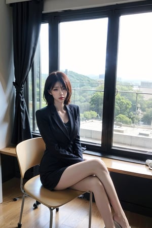 1girl, office lady, solo, (20yo), beautiful, detailed eyes, black hair, long hair, professional attire, suit jacket, pencil skirt, high heels, sitting at desk, computer on desk, office environment, modern interior, window view, sunlight, beautifully detailed background, depth of field, realistic, ambient light, (cinematic composition:1.3), HDR, Accent Lighting, wide-angle lens, best quality, masterpiece