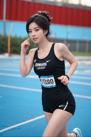 1girl, black hair, beautiful, marathon runner, competition, athletic outfit, running shoes, dynamic pose, sweating, determined expression, (track and field:1.3), sports track, clear sky, daytime, vibrant atmosphere, realistic style, wide-angle lens, best quality, masterpiece