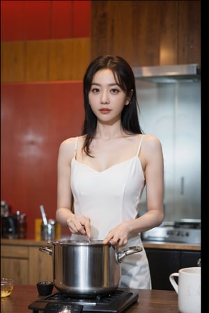 1girl, black hair, young, (20yo), in a pot, being cooked, (steam:1.2), boiling water, hot steam, detailed facial expression, panic, wide-eyed, (red face:1.3), dynamic pose, (bubbles:1.0), kitchen background, stainless steel pot, (flames under pot:1.1), intense heat, (food cooking sounds:0.8), surreal scene, high contrast lighting, sharp details, (cinematic composition:1.3), best quality, masterpiece.