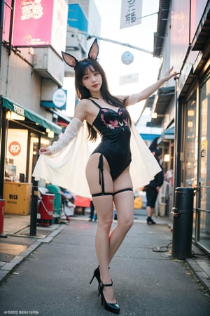 1girl, black hair, bunny girl costume, standing, full body, street background, cityscape, night time, neon signs, (sexy:0.8), beautiful, detailed eyes, playful pose, high heels, lacey stockings, (bunny ears:1.2), (tail:1.2), urban atmosphere, vibrant colors, (cinematic composition:1.3), wide-angle lens, best quality, masterpiece