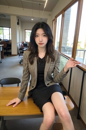 1girl, office lady, solo, (20yo), beautiful, detailed eyes, black hair, long hair, professional attire, suit jacket, pencil skirt, high heels, sitting at desk, computer on desk, office environment, modern interior, window view, sunlight, beautifully detailed background, depth of field, realistic, ambient light, (cinematic composition:1.3), HDR, Accent Lighting, wide-angle lens, best quality, masterpiece