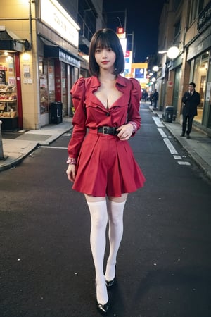 1girl, black hair, standing, full-body,Cleavage,smiling, sexy uniform, street, nighttime, city lights, detailed eyes, (mole under eye:0.8), light blush , looking at viewer, high heels, thighhighs, beautifully detailed background, depth of field, realistic, ambient light, (cinematic composition:1.3), neon lights, HDR, Accent Lighting, wide-angle lens, best quality,masterpiece