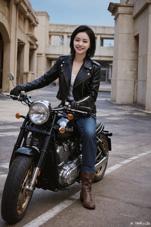 1girl, black hair, solo, (20yo), beautiful detailed eyes, smiling,leather jacket, jeans, boots, motorcycle, dynamic pose, clear sky background, realistic style, ambient light, (cinematic composition:1.3), wide-angle lens, best quality, masterpiece