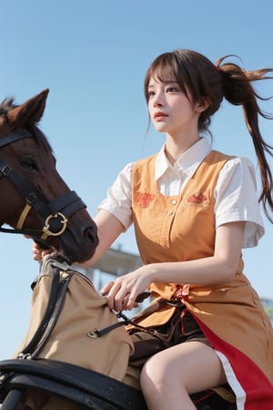 1girl, young lady, solo, (20yo), cute, detailed eyes, black hair, long hair, (ponytail:1.2), riding a horse, equestrian, traditional dress, red ribbon, looking forward, fields, countryside, sunny day, blue sky, white clouds, beautifully detailed background, depth of field, realistic, ambient light, (cinematic composition:1.3), HDR, Accent Lighting, wide-angle lens, best quality, masterpiece.