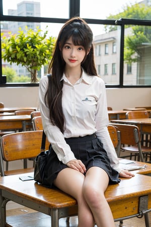 1girl, school uniform, beautiful, black hair, long hair, detailed eyes, looking at viewer, classroom setting, desk, smile,books, chalkboard, sunlight from window, (school bag:1.2), (uniform:1.3), high quality, masterpiece