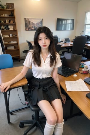 1girl, office setting, school uniform, beautiful, black hair, long hair, detailed eyes, looking at viewer, white shirt, black skirt, thigh-high socks, loafers, sitting at a desk, computer monitor, keyboard, mouse, office supplies, bookshelf with books, realistic style, ambient light, (cinematic composition:1.2), depth of field, HDR, Accent Lighting, wide-angle lens, best quality, masterpiece