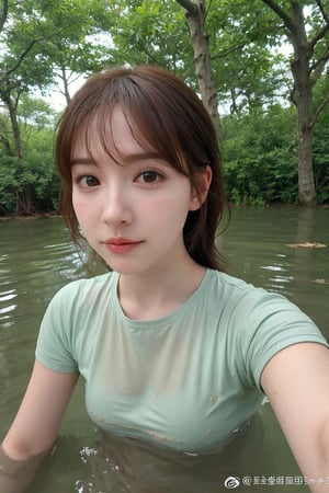 1girl, black hair, half body submerged in swamp, fearful expression, detailed eyes, (20yo:0.9), wet clothes, green mossy environment, brown water, bubbles, (mud on face:1.2), (fear:1.3), overcast sky, realistic, high resolution, cinematic composition, natural lighting, depth of field, wide-angle lens, best quality, masterpiece.