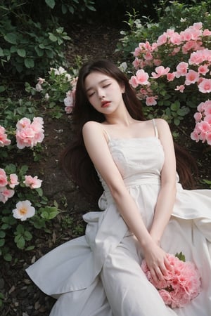 1girl, dead, beautiful, pale corpse, black hair, long hair, detailed eyes, closed eyes, lips slightly open,peaceful expression, white dress, bloodless, (lying on ground), hands hanging naturally,surrounded by flowers, dark forest background, moonlight, eerie atmosphere, high-quality, masterpiece.