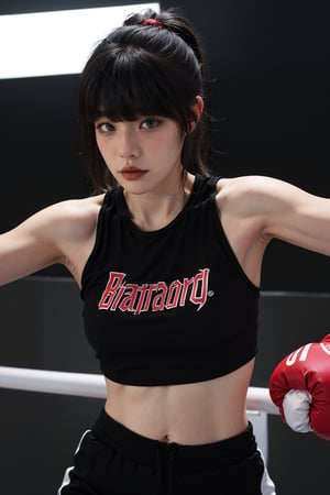 1girl, beautiful, black hair, young, (20yo), determined expression, boxing ring, punching, sportswear, dynamic pose, sweat, intense eyes, focused, gym, bright lighting, realistic style, best quality, masterpiece.