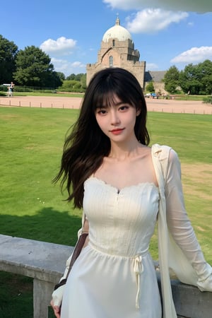 1girl, medieval, black hair, young lady, relaxed expression, detailed eyes, long hair, casual dress, (medieval dress:1.2), natural makeup, standing pose, grassy field, castle in the distance, sunny day, blue sky, fluffy white clouds, beautifully detailed background, depth of field, realistic, ambient light, (cinematic composition:1.3), HDR, Accent Lighting, wide-angle lens, best quality, masterpiece.