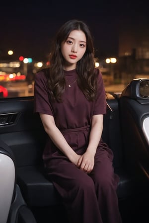 1girl, beautiful, black hair, long hair, sitting in a car, detailed eyes, light blush, looking at viewer, elegant dress, (mole under eye:0.8), street background, city lights, night time, realistic, ambient light, depth of field, (cinematic composition:1.3), HDR, Accent Lighting, wide-angle lens, best quality, masterpiece.