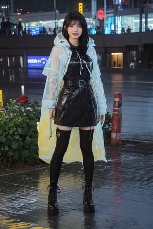 1girl, black hair, standing, full body, transparent raincoat, smiling, (beautiful eyes:1.2), (long hair:1.3), (transparent raincoat:1.5), urban background, light rain, puddles, city street, evening time, warm ambient light, (vivid colors:1.3), high resolution, best quality, masterpiece