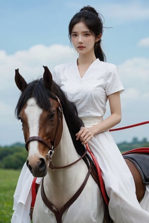 1girl, young lady, solo, (20yo), cute, detailed eyes, black hair, long hair, (ponytail:1.2), riding a horse, equestrian, traditional dress, red ribbon, looking forward, fields, countryside, sunny day, blue sky, white clouds, beautifully detailed background, depth of field, realistic, ambient light, (cinematic composition:1.3), HDR, Accent Lighting, wide-angle lens, best quality, masterpiece.