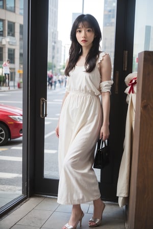 1girl, model, standing, display window, (black hair:1.2), long hair, detailed eyes, beautiful, looking at viewer, fashionable outfit, high heels, elegant pose, urban setting, shopping street, passersby, daytime, sunny, realistic, depth of field, ambient light, (cinematic composition:1.3), HDR, Accent Lighting, wide-angle lens, best quality, masterpiece