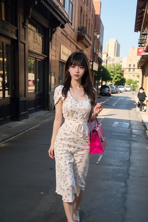 1girl, beautiful, black hair, long hair, detailed eyes, (18yo), elegant, shopping, street fashion, summer outfit, floral dress, white, sandals, carrying a bag, sunny day, city backdrop, pedestrians, urban, vibrant colors, realistic style, ambient light, (cinematic composition:1.2),best quality, masterpiece.