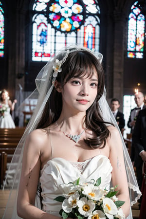 1girl, wedding scene, beautiful, black hair, long hair, (bride:1.2), white wedding dress, veil, holding bouquet, (smile:1.1), sparkling eyes, surrounded by guests, church interior, stained glass windows, flower decorations, candlelight, warm atmosphere, detailed background, depth of field, realistic, ambient light, (cinematic composition:1.3), high definition, best quality, masterpiece.