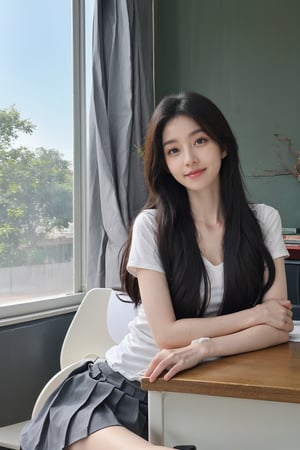 1girl, black hair, school, classroom, smiling, (20yo), beautiful detailed eyes, casual school uniform, sitting at desk, books, pencils, looking at viewer, natural light, detailed background, depth of field, realistic, ambient light, cinematic composition, best quality, masterpiece.