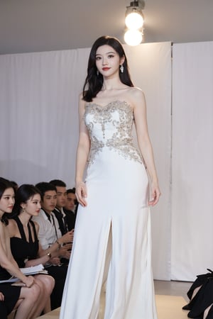 1girl, black hair, teenager, fashion model, smiling, full-body shot, runway, high heels, stylish outfit, (glowing skin:1.2), vibrant makeup, (eye contact with viewer:1.3), dynamic pose, spotlight on model, audience in background, blurred, fashion show atmosphere, elegant, (catwalk:1.0), best quality, masterpiece.