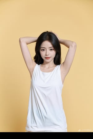 1girl, black hair, smiling, ID photo style, solid color background,18yo,(arms behind head:1.2), clear skin, bright eyes, natural makeup, casual clothing, high resolution, best quality, masterpiece.