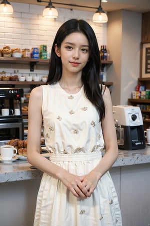 1girl, beautiful, black hair, long hair, smiling, coffee shop, sitting, (20yo:1.3), detailed eyes, light blush, white dress, (flowers in hair:1.1), looking at viewer, counter, espresso machine, cups, pastries, warm lighting, cosy atmosphere, beautifully detailed background, realistic, ambient light, (cinematic composition:1.3), HDR, Accent Lighting, wide-angle lens, best quality, masterpiece.