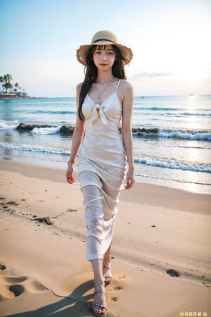 1girl, beautiful, walking on the beach, long hair, summer dress, flip flops, seashell necklace, sun hat, sunset background, sand, waves, seagulls, palm trees, clear sky, warm colors, (golden hour light:1.2), realistic, ambient light, wide-angle lens, best quality, masterpiece.