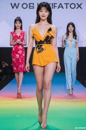 1girl, swimsuit, black hair, long hair, (beach:0.8), runway, fashion show, spotlight, glamorous, confident pose, high heels, summer vibe, audience cheering, (young:1.2), beautiful, detailed, best quality, masterpiece.