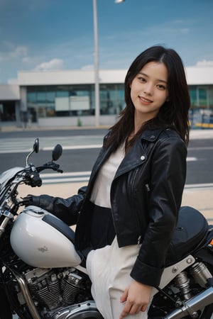 1girl, black hair, solo, (20yo), beautiful detailed eyes, smiling,leather jacket, jeans, boots, motorcycle, dynamic pose, clear sky background, realistic style, ambient light, (cinematic composition:1.3), wide-angle lens, best quality, masterpiece