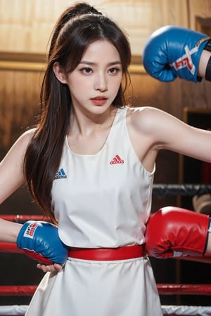 1girl, beautiful, black hair, young, (20yo), determined expression, boxing ring, punching, sportswear, dynamic pose, sweat, intense eyes, focused, gym, bright lighting, realistic style, best quality, masterpiece.