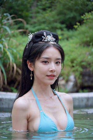 1girl, bikini, beautiful, young, solo, black hair, long hair, smile,tanned skin, pool, water reflection, sunny day, summer vibes, (bikini: 1.2), (beautiful detailed face:1.3), (water splash:0.8), tropical background, palm trees, beach towel, swim rings, iced drink, flip flops, relaxed atmosphere, high resolution, vibrant colors, HDR, natural lighting, wide-angle lens, best quality, masterpiece.