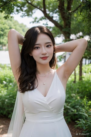 1girl, black hair, smiling, wedding dress, half body shot, (18yo),(arms behind head:1.2),  beautiful, detailed eyes, white dress, lace details, pearl necklace, delicate makeup, natural light, outdoor setting, greenery background, peaceful expression, best quality, masterpiece.