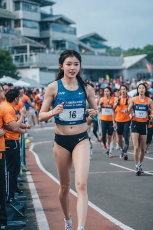 1girl, black hair, full body, sportswear, marathon running, dynamic pose, (16yo), determined expression, sweat, windblown hair, city marathon background, crowd cheering, clear sky, sunrise, vibrant colors, energy boost, detailed muscles, motion blur: legs, high quality, best quality, masterpiece.