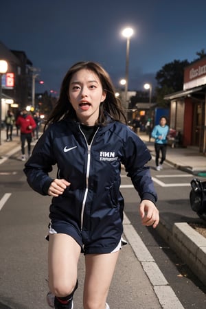 1girl, black hair, teenage, fearful expression, running, nighttime, city streets, alone, (dark shadows:0.8), (moonlight:1.2), blurred background motion, detailed face, wide eyes, open mouth, wind-blown hair, fast movement, urban environment, neon signs, streetlights, (panic:1.5), best quality, masterpiece