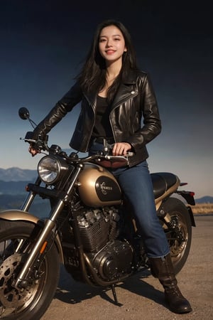 1girl, black hair, solo, (20yo), beautiful detailed eyes, smiling,leather jacket, jeans, boots, motorcycle, dynamic pose, clear sky background, realistic style, ambient light, (cinematic composition:1.3), wide-angle lens, best quality, masterpiece