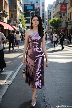 1girl, model, black hair, solo, fashionable clothes, walking on street, urban setting, daytime, sunny, detailed facial expressions, confident posture, stylish outfit, high heels, dynamic motion, cityscape background, modern architecture, pedestrians in distance, vivid colors, (cinematic composition:1.2), soft lighting, depth of field, wide-angle lens, best quality, masterpiece