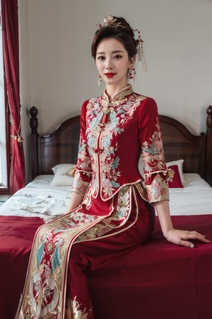  best quality,highly detailed,1girl,
a woman in a red and gold clothes, phoenix coronet,(sitting on red bed),blush,shy,black_hair, earrings,  indoors, jewelry, long_sleeves, red lips, tassel, Red quilt,(red palace:1.2),looking_at_viewer,smile