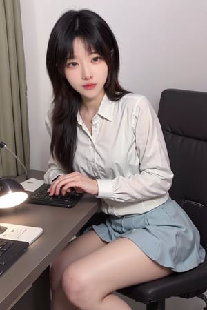 1girl, office setting, school uniform, beautiful, black hair, long hair, detailed eyes, looking at viewer, white shirt, black skirt, thigh-high socks, loafers, sitting at a desk, computer monitor, keyboard, mouse, office supplies, bookshelf with books, realistic style, ambient light, (cinematic composition:1.2), depth of field, HDR, Accent Lighting, wide-angle lens, best quality, masterpiece