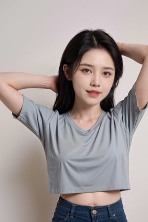 1girl, black hair, smiling, ID photo style, solid color background, (18yo),(arms behind head:1.2), clear skin, bright eyes, natural makeup, casual clothing, high resolution, best quality, masterpiece.