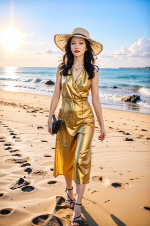 1girl, beautiful, walking on the beach, long hair, summer dress, flip flops, seashell necklace, sun hat, sunset background, sand, waves, seagulls, palm trees, clear sky, warm colors, (golden hour light:1.2), realistic, ambient light, wide-angle lens, best quality, masterpiece.