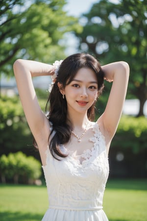 1girl, black hair, smiling, wedding dress, half body shot, (18yo),(arms behind head:1.2),  beautiful, detailed eyes, white dress, lace details, pearl necklace, delicate makeup, natural light, outdoor setting, greenery background, peaceful expression, best quality, masterpiece.