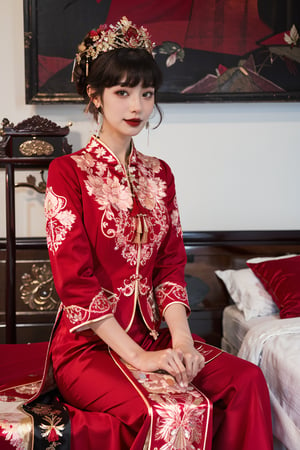  best quality,highly detailed,1girl,
a woman in a red and gold clothes, phoenix coronet,(sitting on red bed),blush,shy,black_hair, earrings,  indoors, jewelry, long_sleeves, red lips, tassel, Red quilt,(red palace:1.2),looking_at_viewer,smile