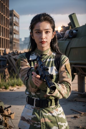 1girl, black hair, beautiful, detailed eyes, (18yo), determined expression, combat uniform, camouflage pattern, holding a rifle, firing pose, battlefield background, smoke, explosions in distance, ruined buildings, (moonlight:1.2), realistic, dynamic lighting, high-contrast, depth of field, (cinematic composition:1.3), gritty textures, wide-angle lens, best quality, masterpiece.