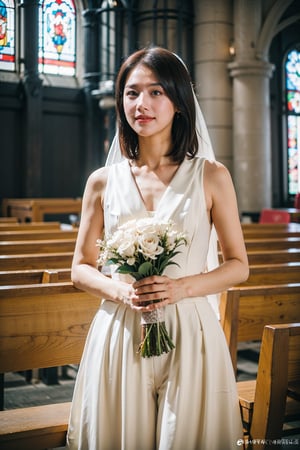 1girl, wedding scene, beautiful, black hair, long hair, (bride:1.2), white wedding dress, veil, holding bouquet, (smile:1.1), sparkling eyes, surrounded by guests, church interior, stained glass windows, flower decorations, candlelight, warm atmosphere, detailed background, depth of field, realistic, ambient light, (cinematic composition:1.3), high definition, best quality, masterpiece.