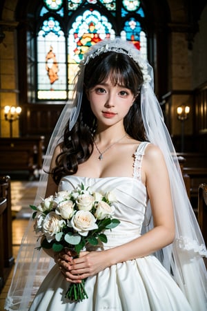 1girl, wedding scene, beautiful, black hair, long hair, (bride:1.2), white wedding dress, veil, holding bouquet, (smile:1.1), sparkling eyes, surrounded by guests, church interior, stained glass windows, flower decorations, candlelight, warm atmosphere, detailed background, depth of field, realistic, ambient light, (cinematic composition:1.3), high definition, best quality, masterpiece.