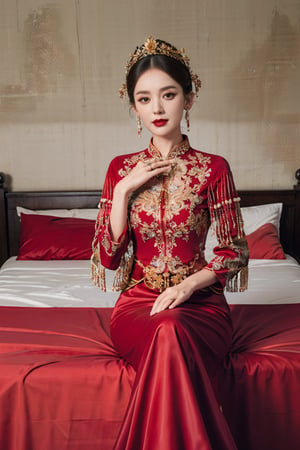  best quality,highly detailed,1girl,
a woman in a red and gold clothes, phoenix coronet,(sitting on red bed),blush,shy,black_hair, earrings,  indoors, jewelry, long_sleeves, red lips, tassel, Red quilt,(red palace:1.2),looking_at_viewer,smile
