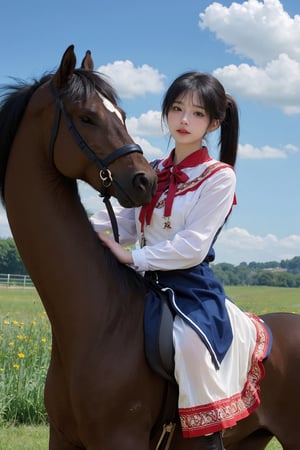 1girl, young lady, solo, (20yo), cute, detailed eyes, black hair, long hair, (ponytail:1.2), riding a horse, equestrian, traditional dress, red ribbon, looking forward, fields, countryside, sunny day, blue sky, white clouds, beautifully detailed background, depth of field, realistic, ambient light, (cinematic composition:1.3), HDR, Accent Lighting, wide-angle lens, best quality, masterpiece.