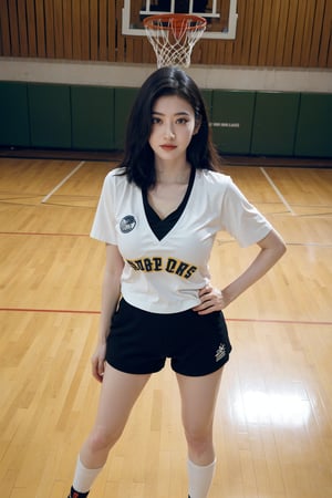 1girl, black hair, standing, full body, detailed eyes, athletic, (Cleavage), beautiful, basketball uniform, shorts, sneakers, high socks, dynamic pose, school gym background, polished wooden floor, basketball hoop, backboard, scoreboard, bright lighting, (cinematic composition:1.3), depth of field, realistic, ambient light, wide-angle lens, best quality, masterpiece.